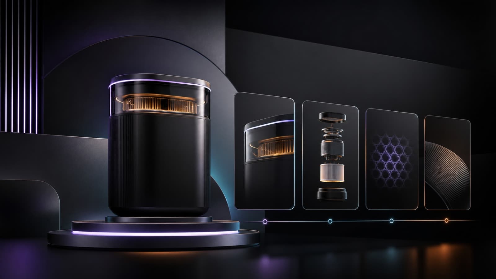 Premium product object presented through a clear sequence of layered information panels