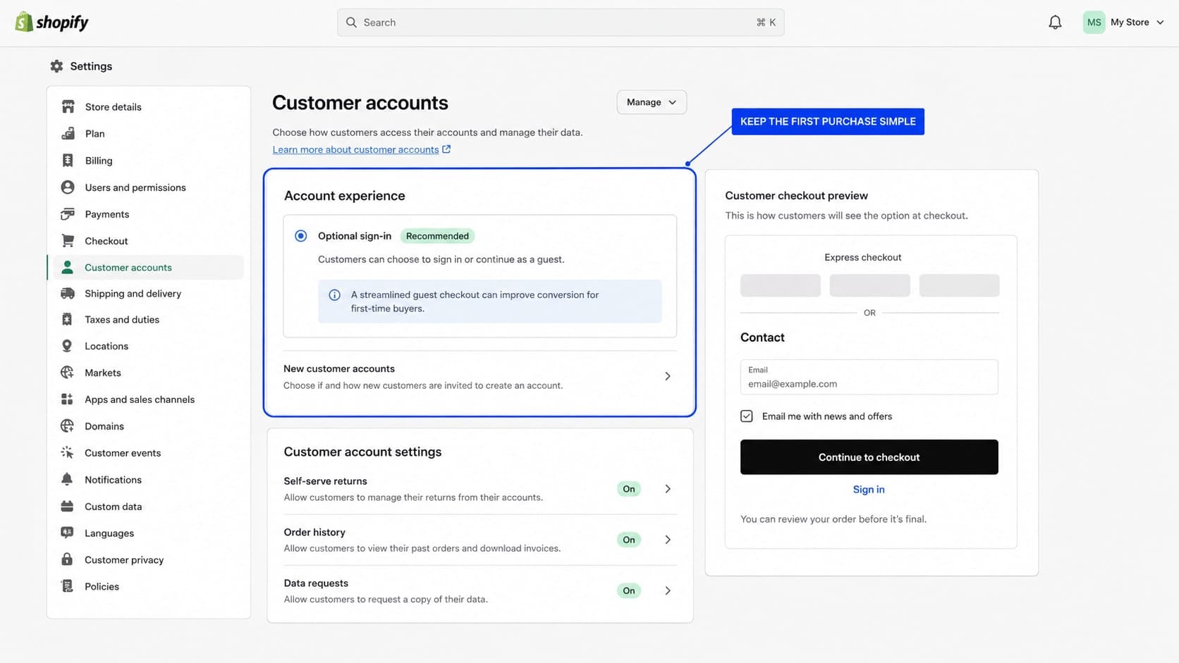 Shopify customer accounts settings with optional sign-in and checkout preview
