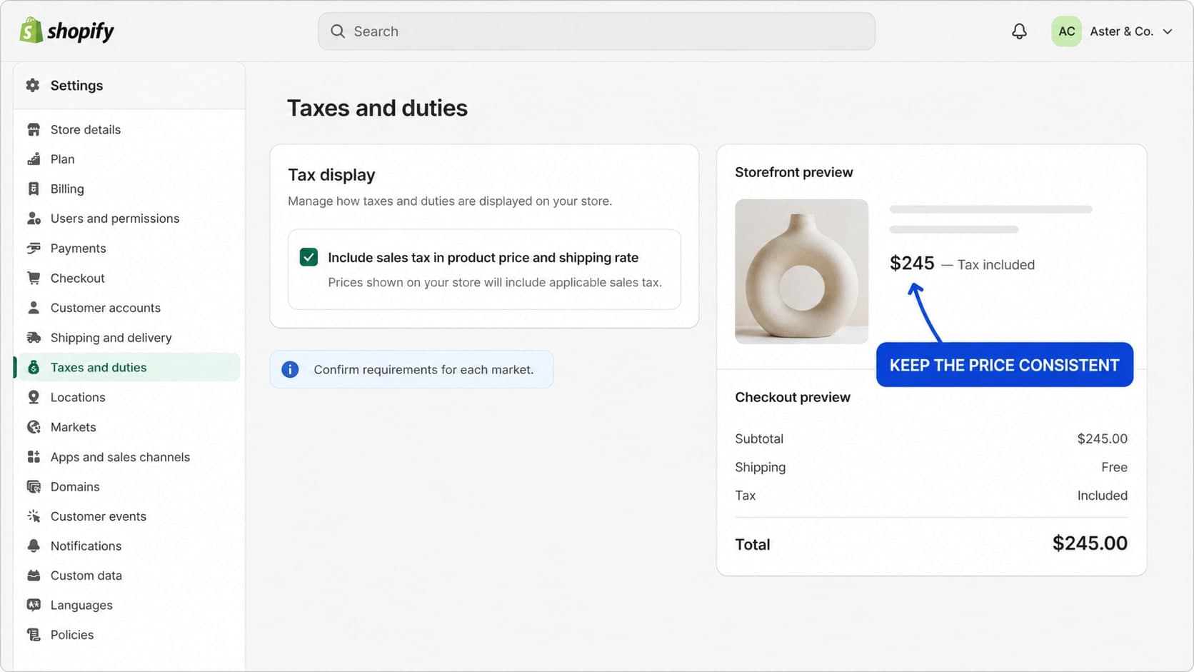 Shopify taxes and duties settings with consistent storefront and checkout pricing